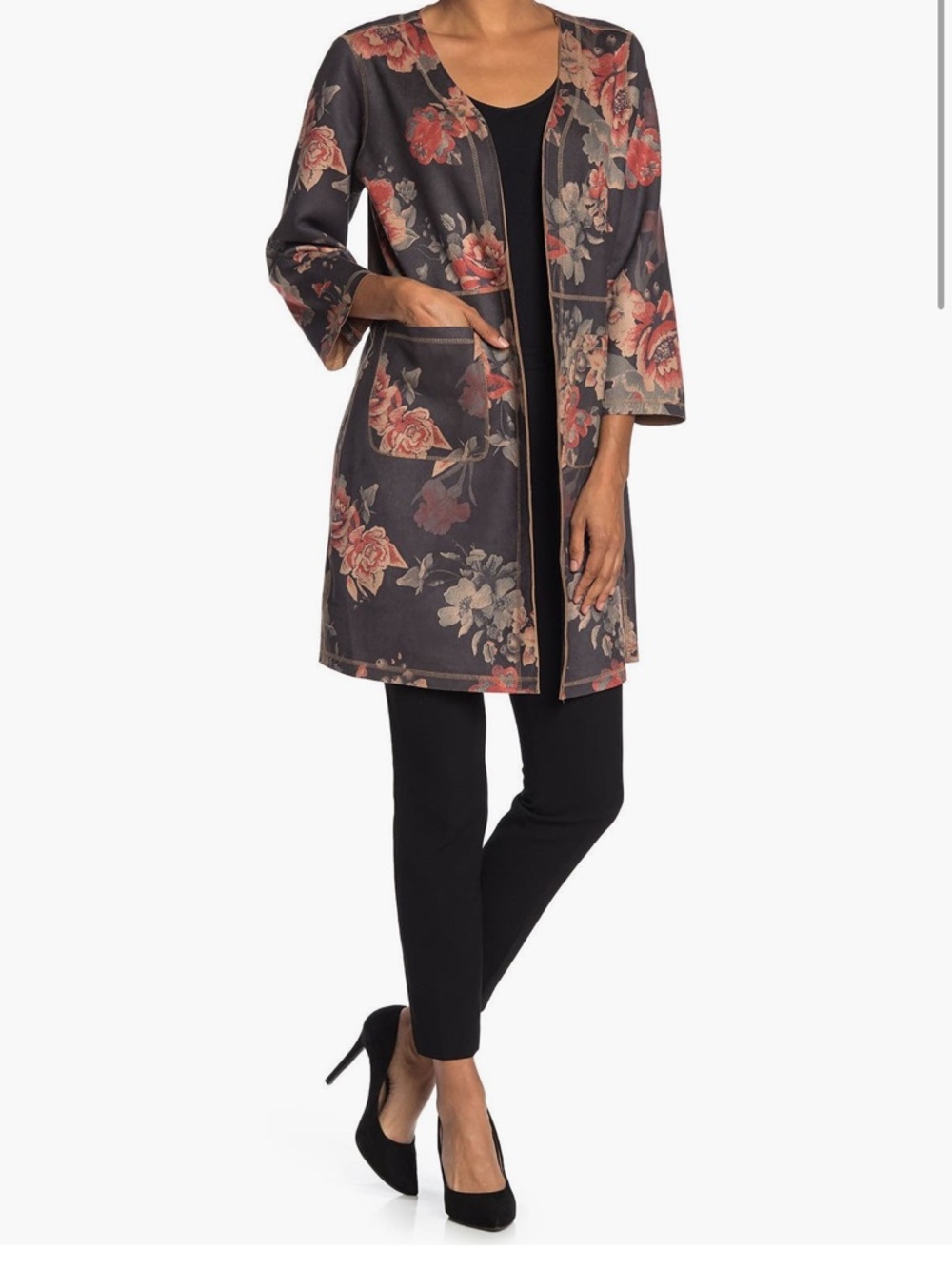 T Tahari Black Floral Open Front Coat